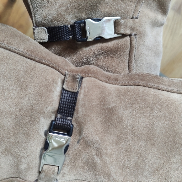 Prada square toe tall boots silver hardware logo women 37.5 tan suede - Picture 3 of 12